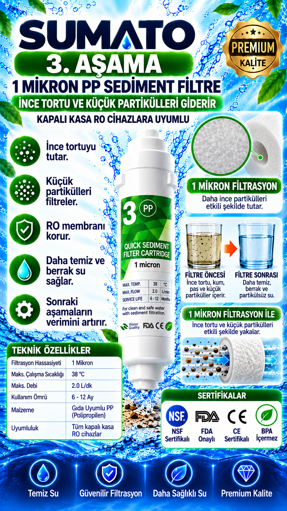 SUMATO Su Arıtma Filtresi Kapalı Kasa İki Tarafı Ouick 5’li Filtre Seti-12 İnç Kapalı Kasa Su Arıtma Cihazlarına Uyumlu